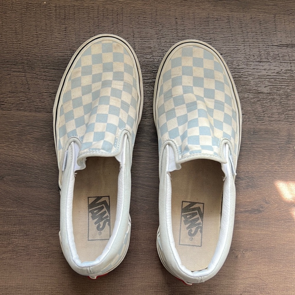 Blue checkered vans slip ons